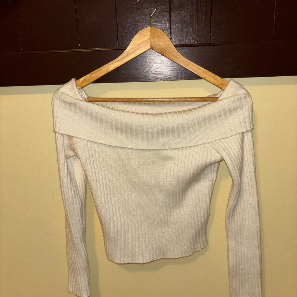 Cream Off Shoulder Ribbed Sweater – Cozy Cropped Knit Top Size L